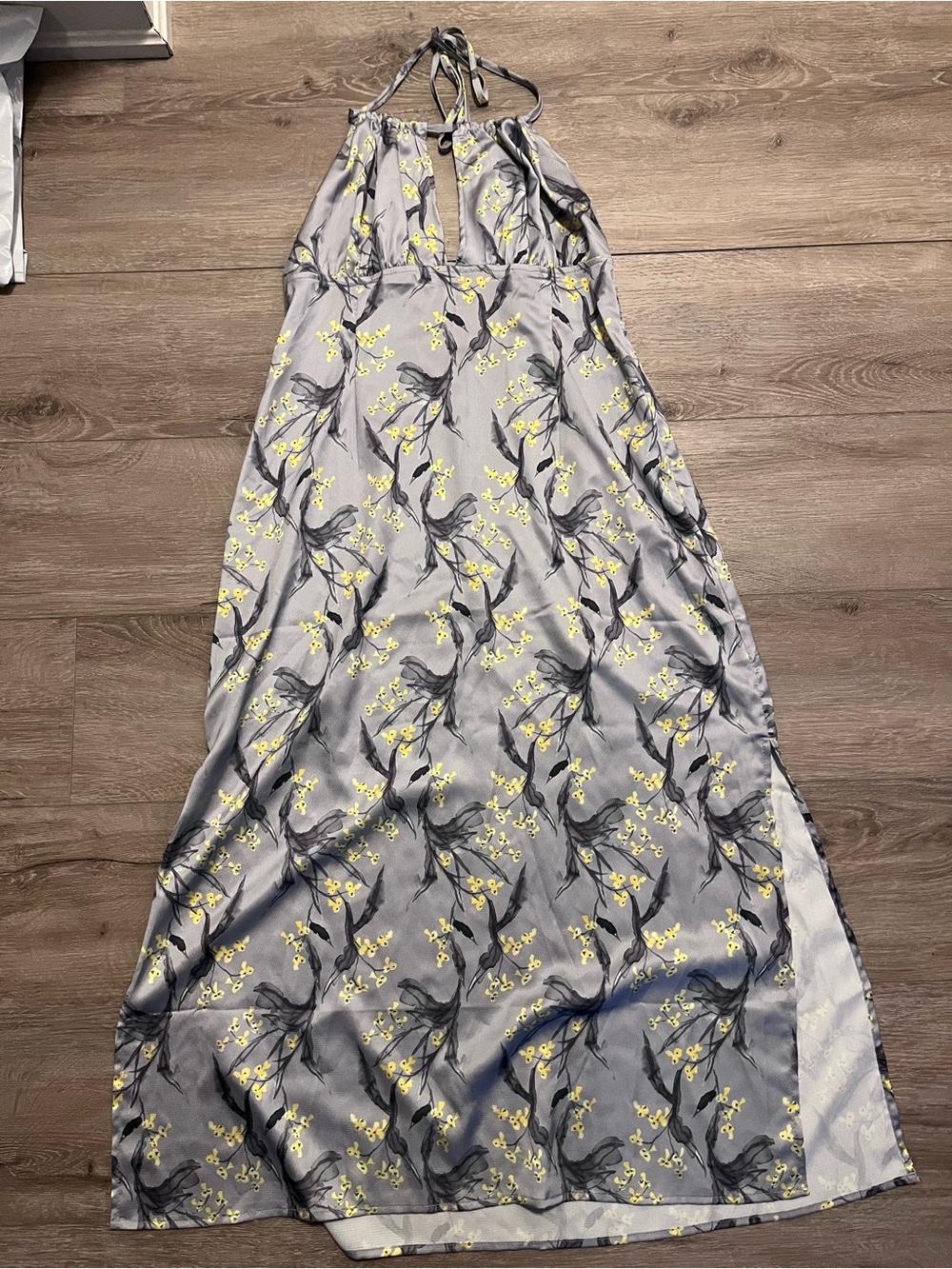 Gray Floral Halter Maxi Dress with Yellow Accents
